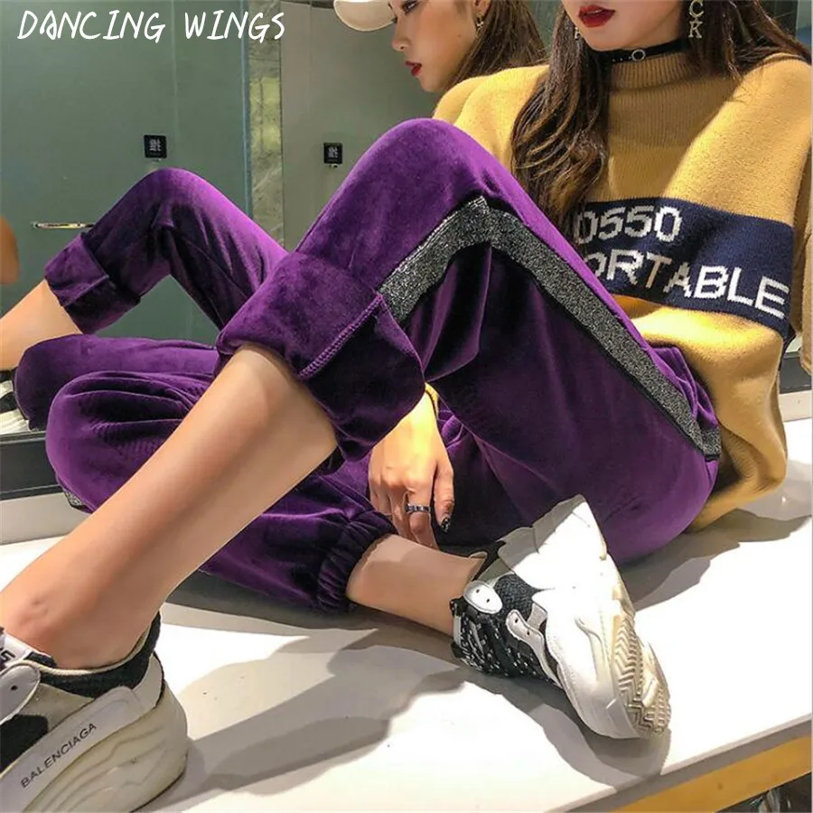 

DANCING WINGS Autumn Gold Velvet Women Sport Pants Lace Up Waist Striped Straight Trousers