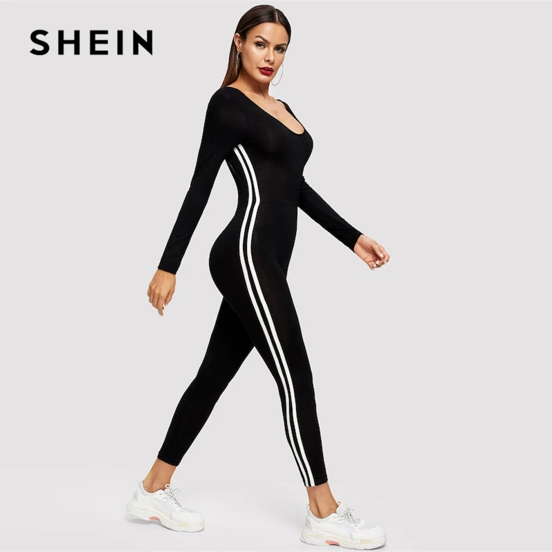 SHEIN Комбинезон В Полоску С Открытой Спиной Женский Черный Спортивный Комбинезон С Длинными Рукавами И Круглым Вырезом