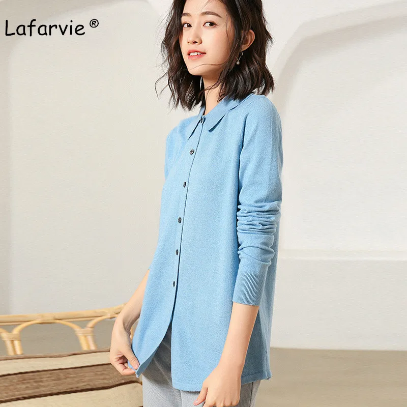 Lafarvie Spring Autumn Knitted Turn-down Collar Sweater Cardigan Women Tops Long Sleeve Knitting Jacket Female 6 Colors S-XXL