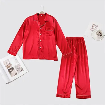 

Satin Chinese Male Shirt&Pants 2PCS Sleepwear Lounge Pajama Set Red Spring Long Sleeve Nightwear Suit Negligee Home Clothes