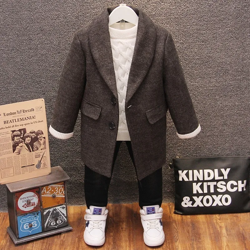 

kids clothes boy wool coat baby autumn winter Fashion long sleeve solid jacket children turn-down collar woolen windbreaker best