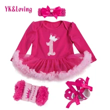 Ratail Bébé Filles 4 pcs Ensembles À Manches Longues Coton Rromper Rose Rouge À Volants TUTU Robe Bébé Vêtements Robes 1 D’anniversaire robe