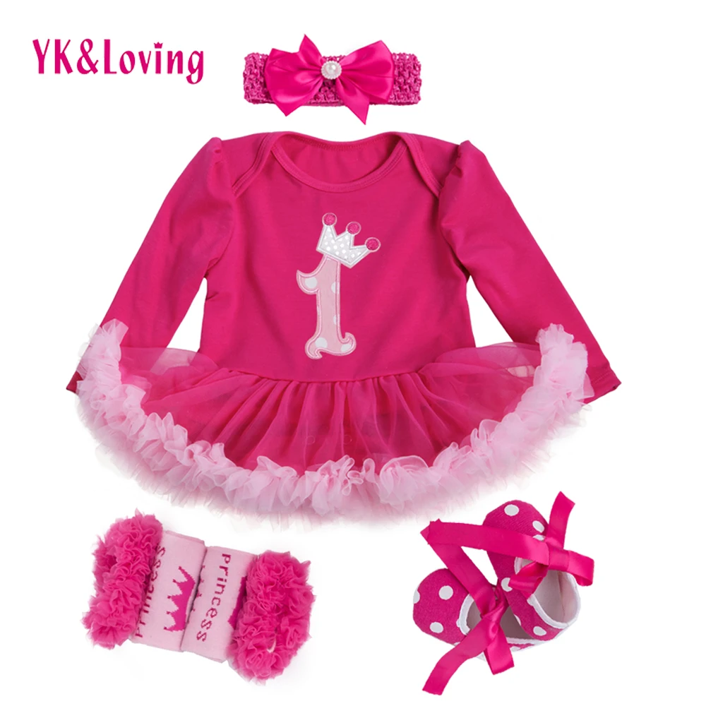 En Ligne Princesse Bébé Filles 4 pcs Ensembles À Manches Longues Coton Rromper Rose Rouge À Volants TUTU Robe Bébé Vêtements Robes 1 D anniversaire robe
