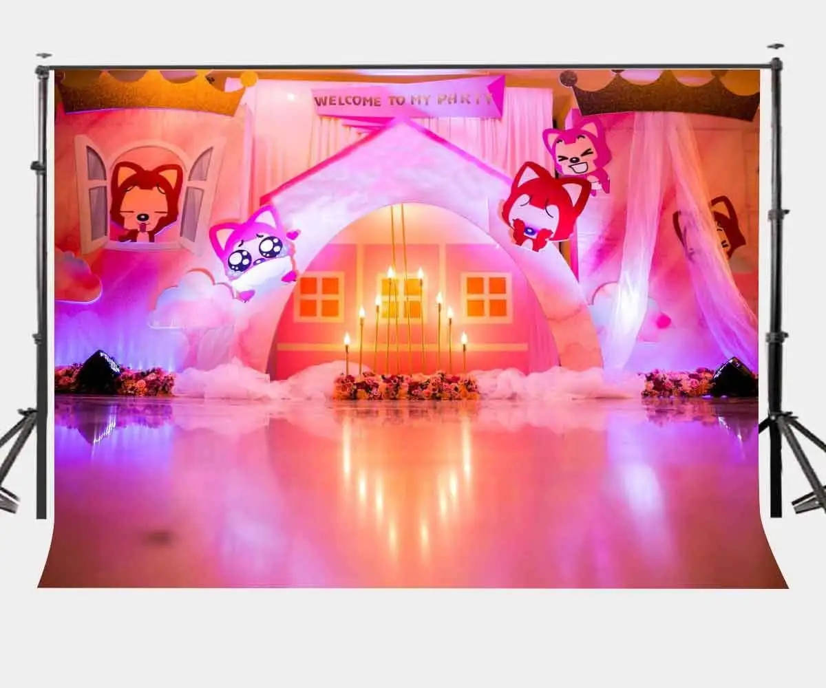 

7x5ft Millennial Pink Cartoon Room Backdrop Birthday Cake Candles Photography Background Birthday Party Photo Shooting Props