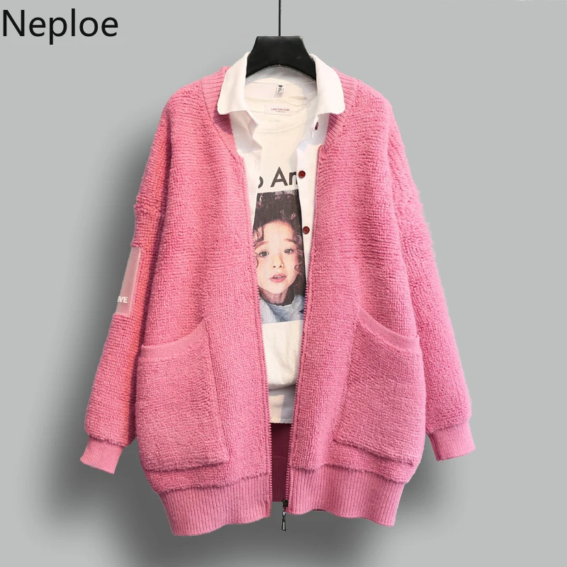 

Neploe Women Knitted Cardigan 2019 Autumn Winter New Korean Sweater Jacket Thicken Zipper Pocket Medium-long Pull Femme 53691