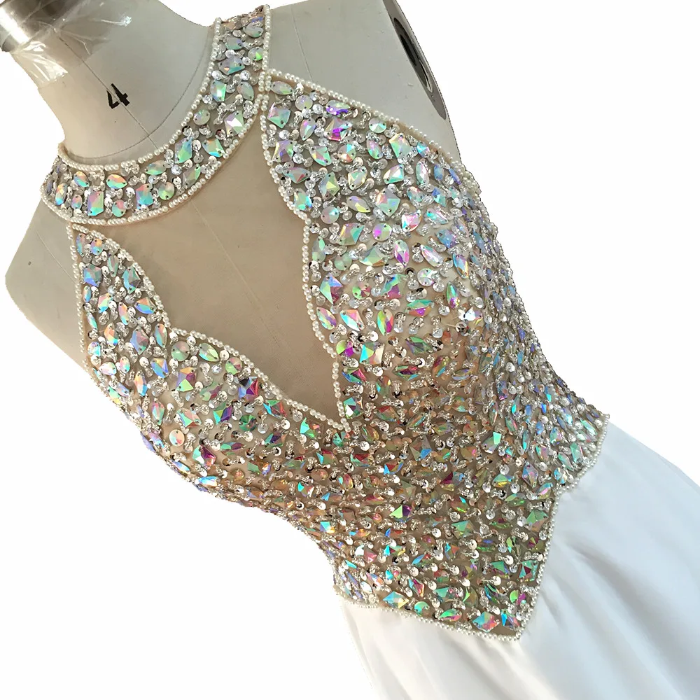 Дубай новые роскошные сексуальные вечерние платья без рукавов линия бисер с бриллиантом вечернее шифоновое платье платья белое нарядное платье с круглым вырезом