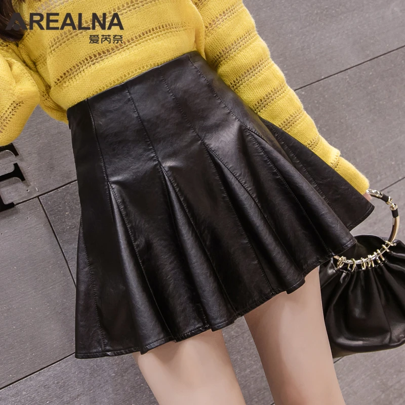 Осенняя черная юбка из искусственной кожи корейские женщины моды Высокая талия Повседневный зонтик юбка женская сексуальная короткая плиссированные мини-юбки Saias