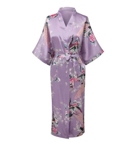 Сексуальное свадебное платье для женщин, шелковое вискозное свадебное кимоно, банное платье, винтажное ночное белье с принтом, сексуальное платье подружки невесты, цветочный Халат - Цвет: light purple