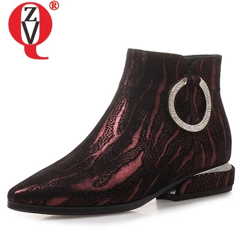 

ZVQ Women Shoes 2019 Winter New Fashion Pointed Toe Sheepskin Low Hoof Heels Zipper Metal Decoration Black And Red Ankle Boots