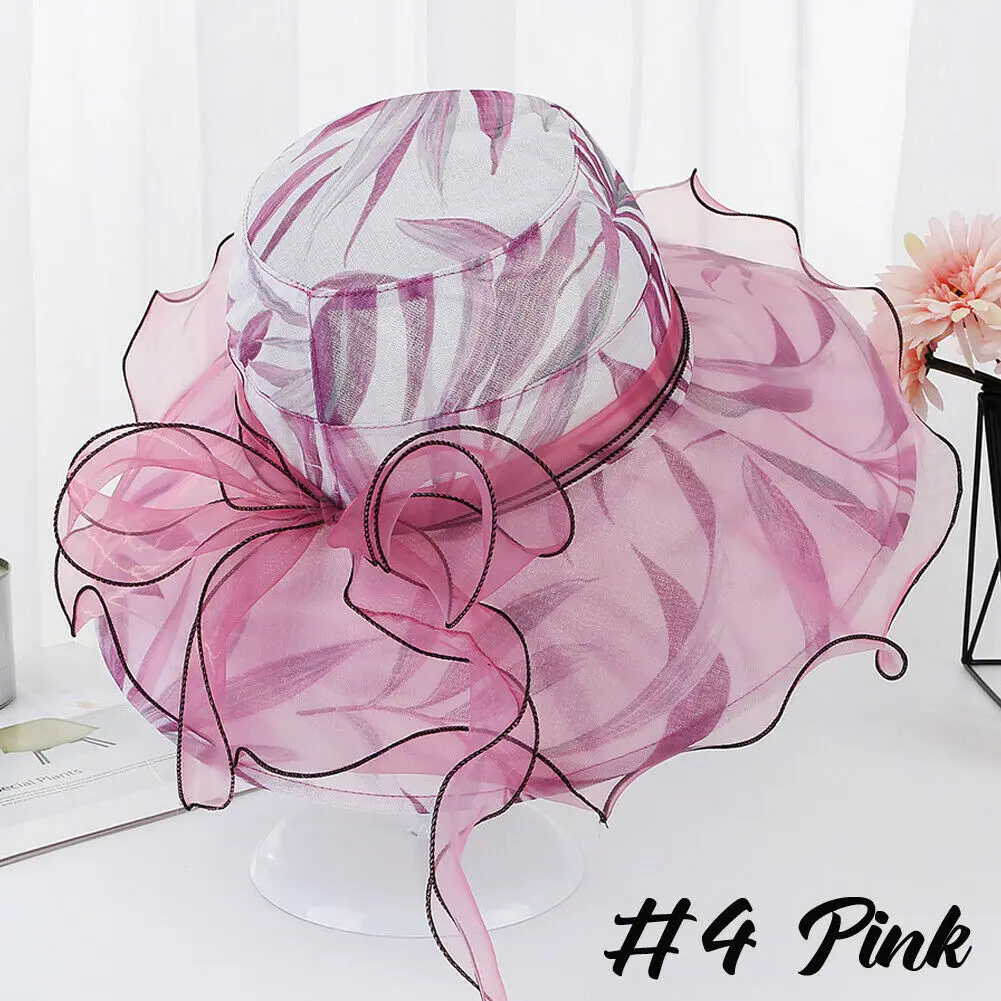Pink Новинка, Hirigin, женская летняя кепка из органзы, для церкви, с бантом, с широкими полями, Кентукки, Дерби, вечерние, свадебные Кепка - Цвет: Pink