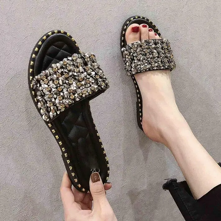 

2019 Summer Women Slides Open toe Bling Bling Crystal Embellished Flat Sandal Black Leather Beach Shoes Fashion Slides Size 11