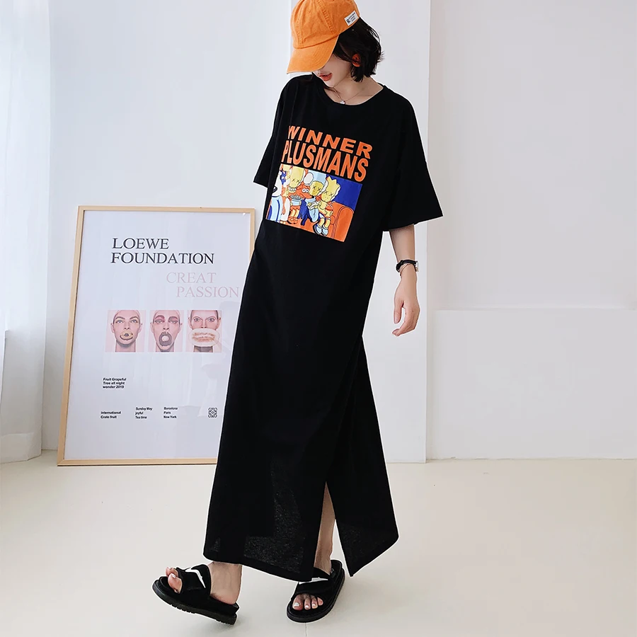 

2019 Summer Cartoon print women dress short sleeve O-Neck long dresses female Casual letter Plus size 3XL Loose Cotton vestidos