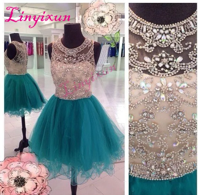 Linyixun секссуальные Платья для вечеринок ScoopNeck Hunter Teal отделанный кристаллами Тюль Иллюзия Короткие Мини Выпускные Формальные Коктейльные платья