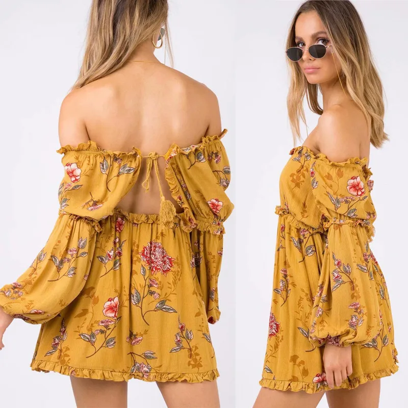 yinlinhe Yellow Floral Summer Dress Long Sleeve Off Shoulder Women Beach Dress Cotton Backless Lace Up Boho Sexy Vestido 6