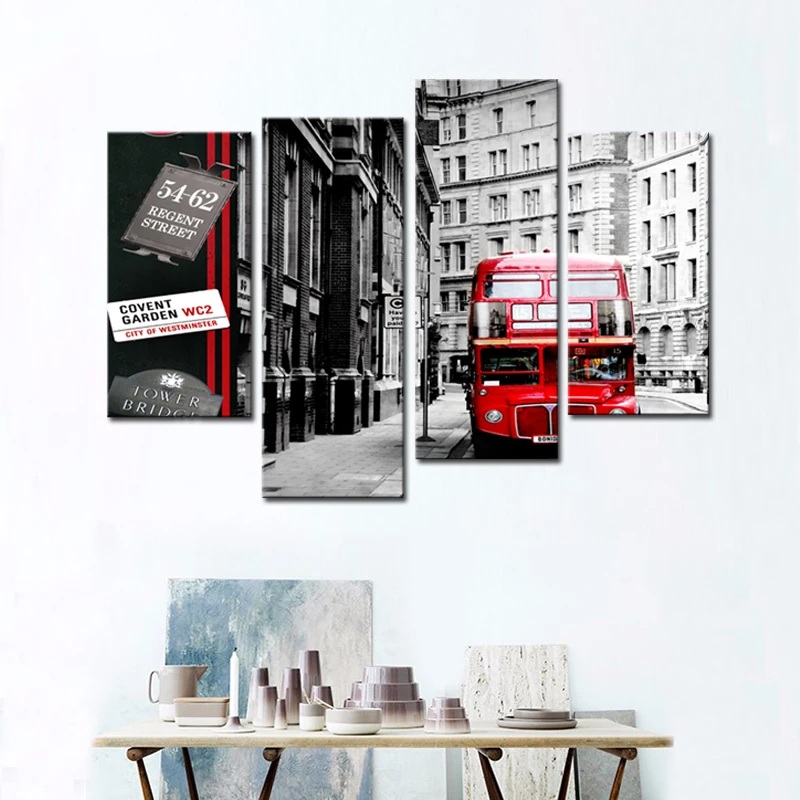 4 Pieces Red London Bus Canvas Painting London City street Picture