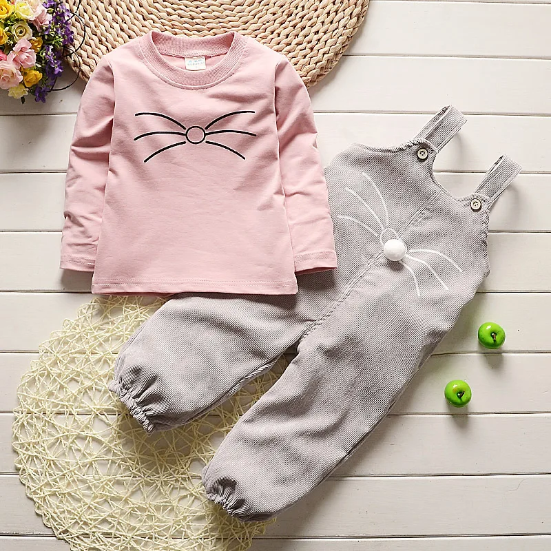 Коллекция года, Весенняя детская одежда для девочек детская одежда из хлопка для малышей, Детская футболка с милым котом, комбинезоны, штаны спортивные костюмы для малышей, 2 шт./компл - Цвет: pink top gray pants