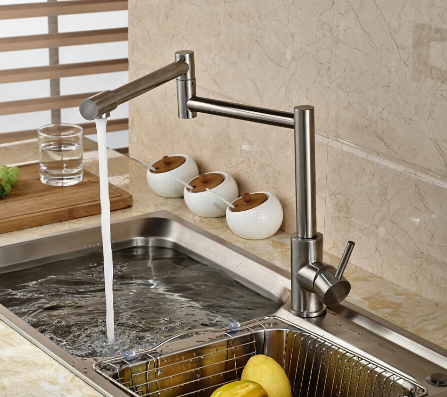 Nickel Brushed Kitchen Faucet Extent Spout Vessel Sink Mixer Tap Single Handle Hole Vanity Mixer hot sale brushed nickel kitchen faucet spring style swivel spout single handle vessel mixer tap