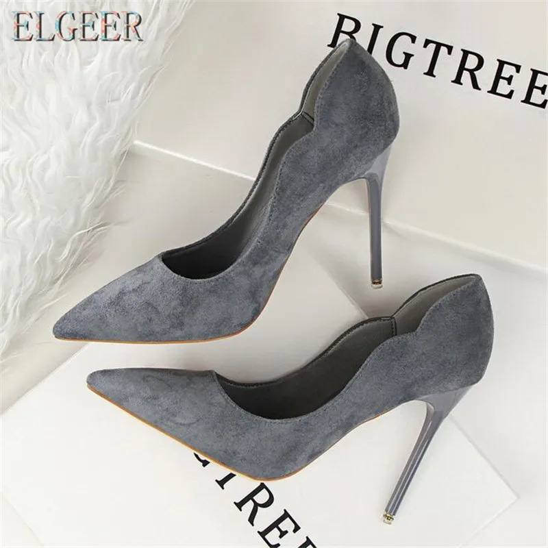 

2018 spring and autumn new simple shoes high-heeled shoes with shallow knit suede pointed hollow women's shoes
