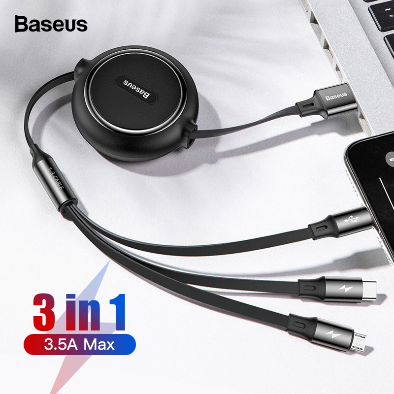 

Baseus 3 in 1 Retractable USB Cable For iPhone Xs Max Xr X 3in1 Fast Charging Charger Micro USB Type C Cable For Samsung Xiaomi