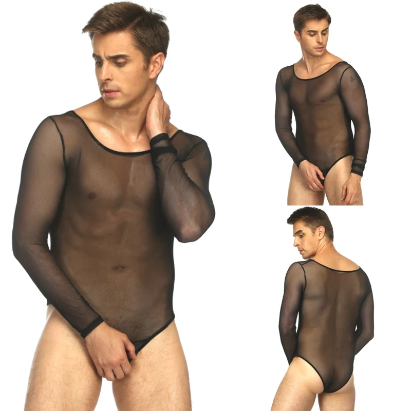 

THEFOUND Sexy Men's Mesh See Through Bodysuit Nightwear Jumpsuit Thermal Gay Tops