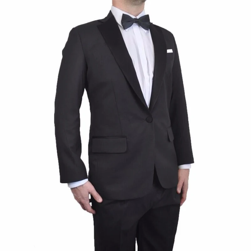 HB044 черный атласный воротник две пуговицы Черный Жених v-образный вырез, петличный смокинг жениха лучшие мужские свадебные костюмы(куртка+ брюки