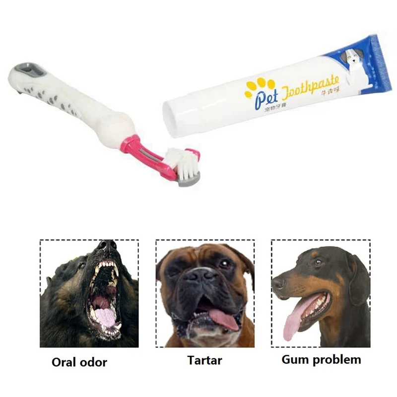 

3-heads Edible Toothpaste Dog Oral Care Cleaning Supplies Toothpaste Toothbrush Set Easy to Remove Dental Calculus