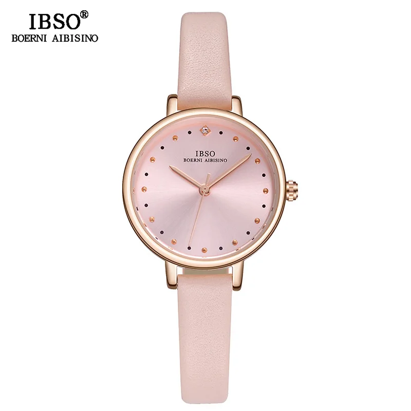IBSO, простые женские кварцевые часы с кристаллами, стразы, ремешок из натуральной кожи, женские часы, водонепроницаемые, Montre Femme - Цвет: Pink