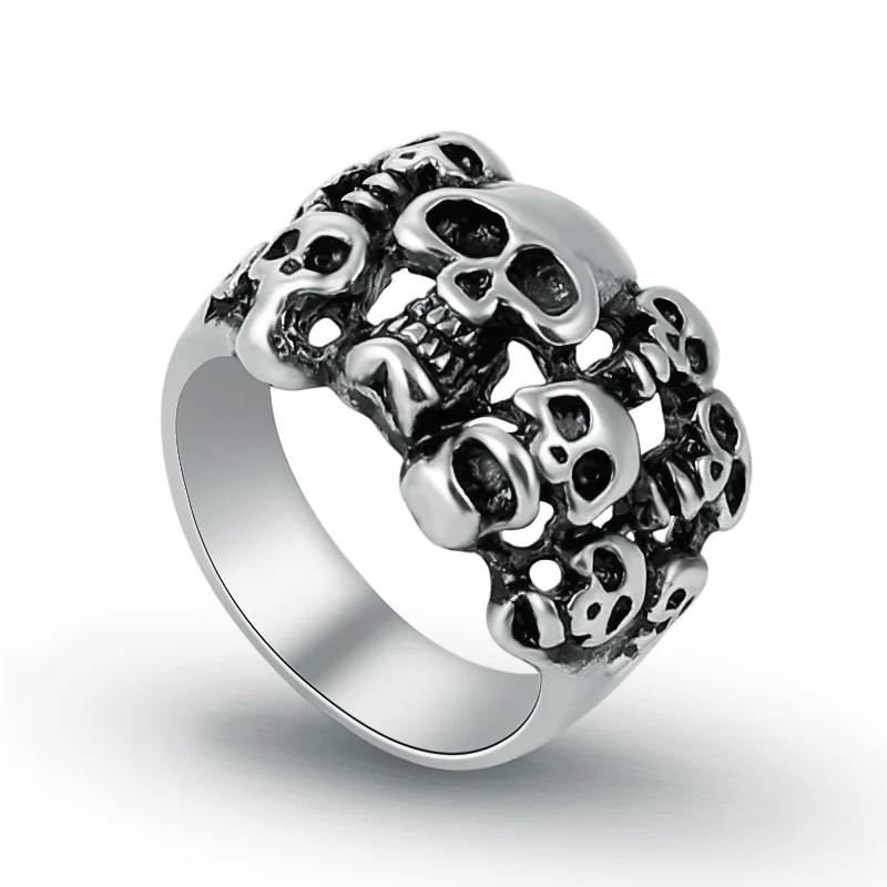 

New Arrival Titanium Steel Men's Multi-Skull Biker Finger Ring Retro Style Gothic Punk Male Fashion Skeleton Jewelry 2017(A079)