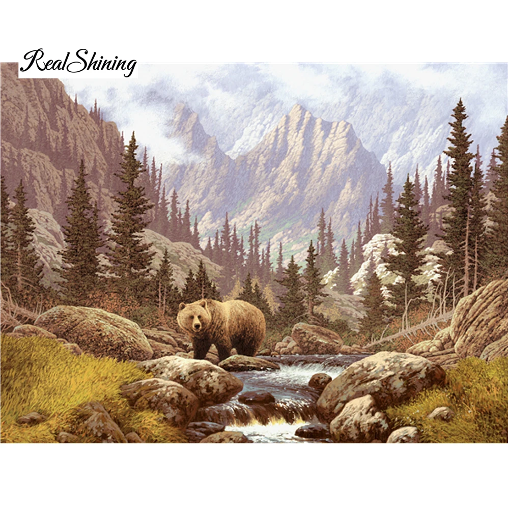 

REALSHINING Diamond Mosaic Pattern Needlework Diy Diamond Painting Cross Stitch Mountain Bear Diamond Embroidery Square RS799