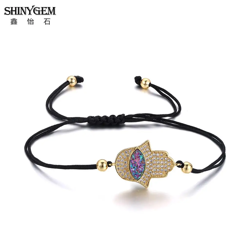

ShinyGem Handmade DIY Rhinestone Hamsa Hand Druzy Stone Evil Eye Charm Bracelet Adjustable Black String Braid Bracelet For Women