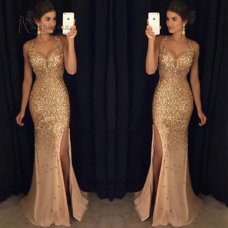 Green Gold Crystals Evening Dresses Long Mermaid Prom Dress 2017 Formal Special Occasion Gowns Criss-Cross Split Robe de Soiree