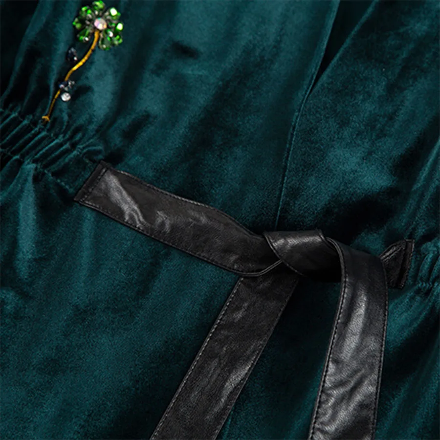 low cost Velvet Jacket 2017 Autumn Fashion Sexy Belt Cultivate V-Neck Exquisite Beading Women New Black Gree