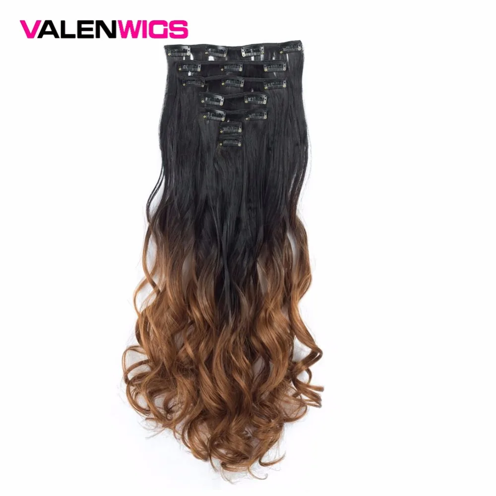 Valen Wigs 22" 7pcs Clip in Hair Extensions Full Head Wavy Ombre Colors Synthetic Hair Extension