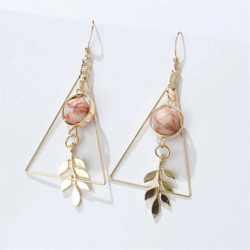 

European and American Fashion Vintage Hollow Out Triangle Marble Round Beads Leaf Earrings For Woman Girls Jewelry