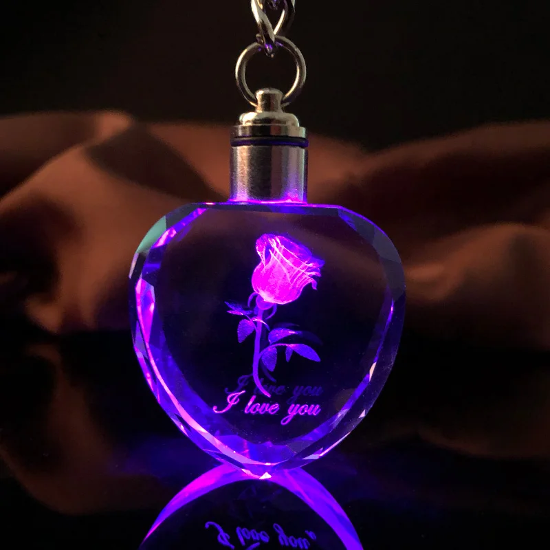 Heart Shape Romantic Rose Key Chain Crystal lovers Flower Key Ring Laser Engraved Colorful LED Light Couples Souvenir Gift