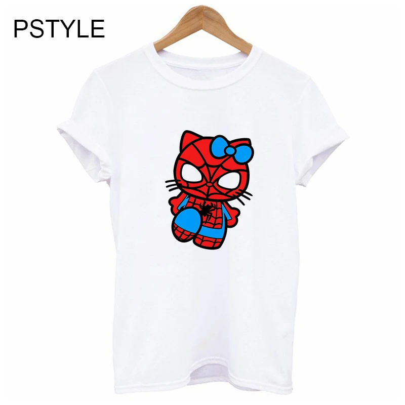 

Hello Spider Kitten T-shirts for Women's Cool Cat Print Funny Tee Shirt Novelty Summer Short Sleeve White Tshirt Basic Tops