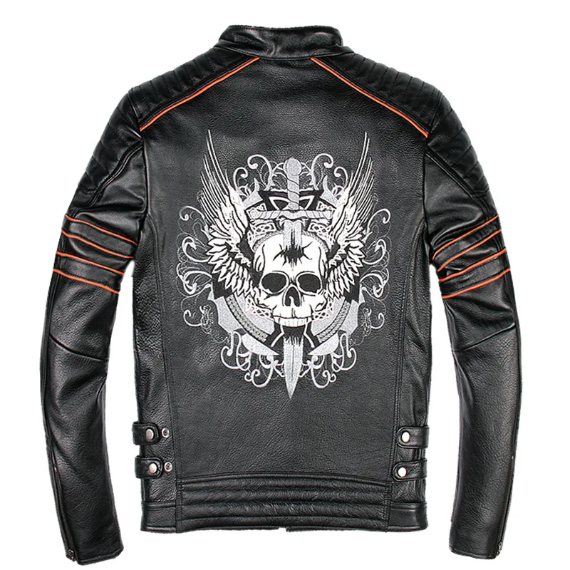 

2018 Black Men Skull Embroidery Biker Leather Jacket Plus Size XXXL Genuine Cowhide Slim Fit Short Motorcycle Coat FREE SHIPPING