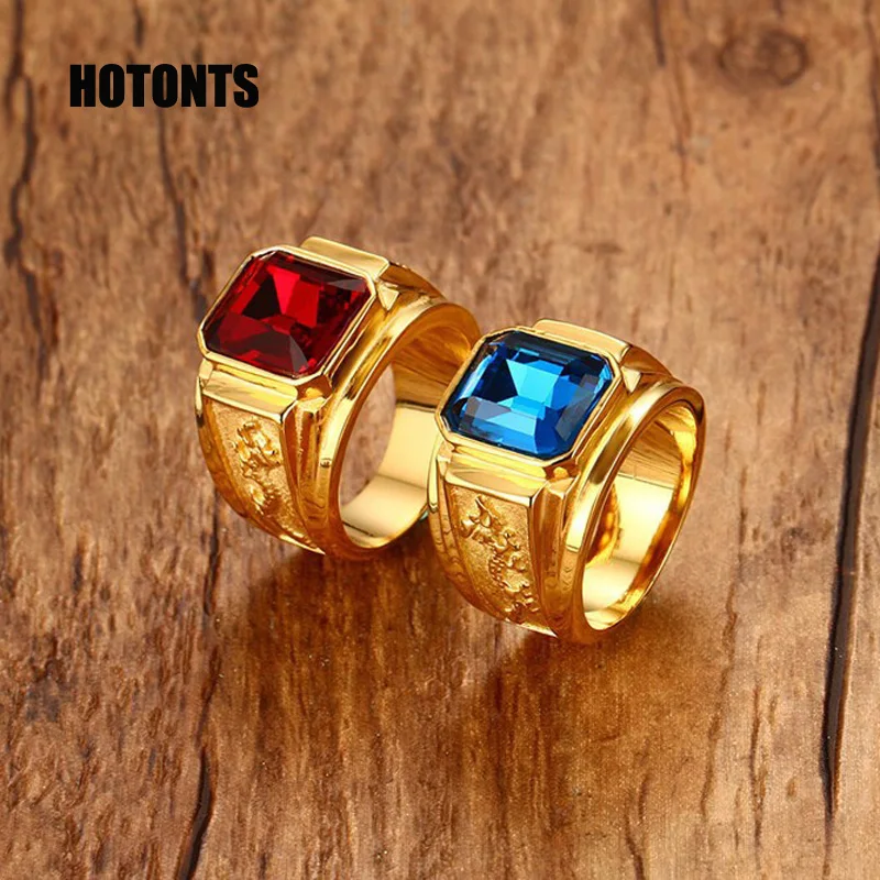 RC-183 Vintage Dragon Design Titanium Steel Couple Ring Cool Men Women Gold Color Blue Red Shiny Rhinestone Wedding | Украшения и