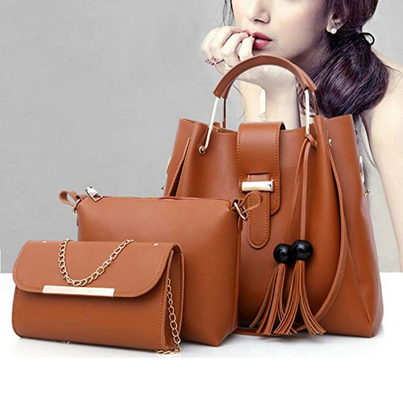 

Women Luxury Composite Bags Sets 4Pcs Solid Color Leather Handbags Portable Zipper Fashion Shoulder Bag