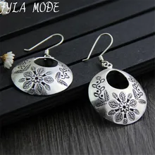 Étnicos Do Vintage 925 Prata Thai Grande Rodada Brincos Dangle Para Mulheres brincos Flor Escultura Acessórios de Jóias Finas 33*36 MM 10.60