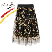 ArtSu модная сетчатая юбка для женщин Весна Осень Цветочная вышивка миди юбка элегантная женская Boho плиссированные юбки ASSK20102