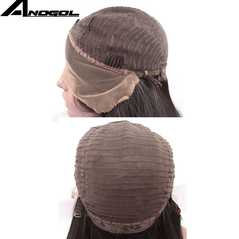 Anogol средняя часть Длинные Двойные косы прямой натуральный черный плетеный синтетический светильник коричневый Швейцарский Кружевной передний парик с детскими волосами
