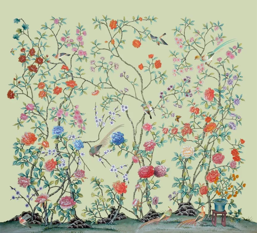 Классический стиль элегантный ручной росписью шелковые обои живопись цветы с птицами обои много узоров и фон на выбор