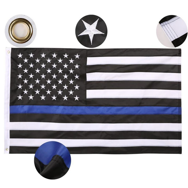 150*90 см приглушенный тонкая Голубая линия пoлoски флaг сшa флаги люверсами, полиции, полицейских, флаги, черный, белый, голубой, флаги, Прямая