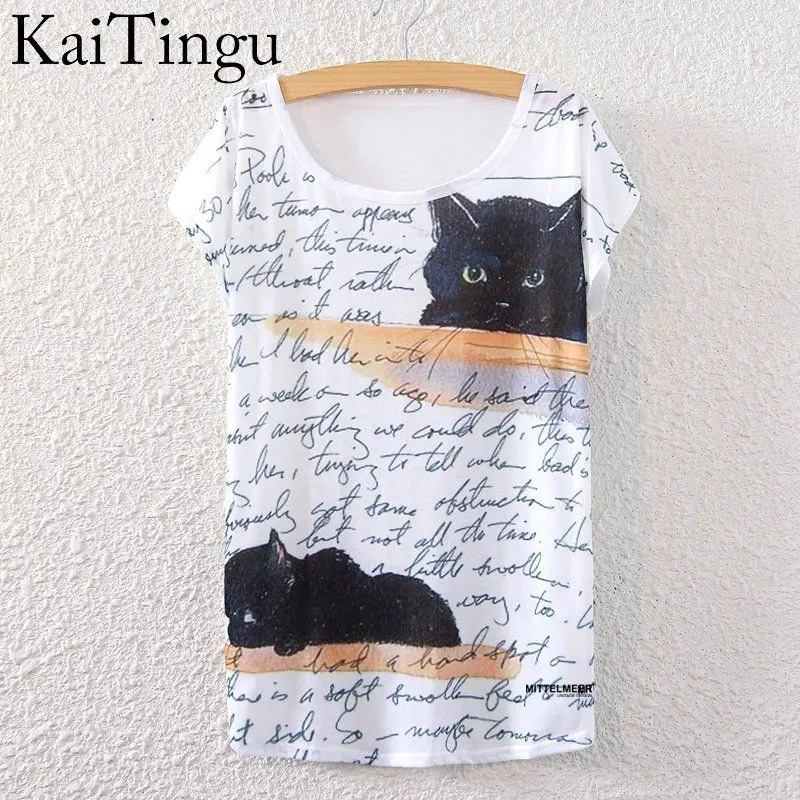 KaiTingu 2016 Brand New Version Fashion Summer Harajuku Short Sleeve Women T Shirt Tops Letter Cat Print T-shirt White Cloth