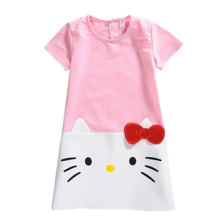 Новая детская хлопковая одежда для девочек, рождественское платье с короткими рукавами и рисунком котенка, длинные футболки для детей 2-9 лет, J553, J568 - Цвет: Розовый