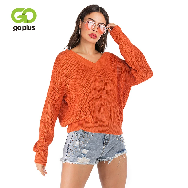 

GOPLUS Women's Knitted Sweater V Neck 2019 Autumn Winter Solid Sexy Batwing Sleeve Pullover For Women Bow Tie Clothing Female
