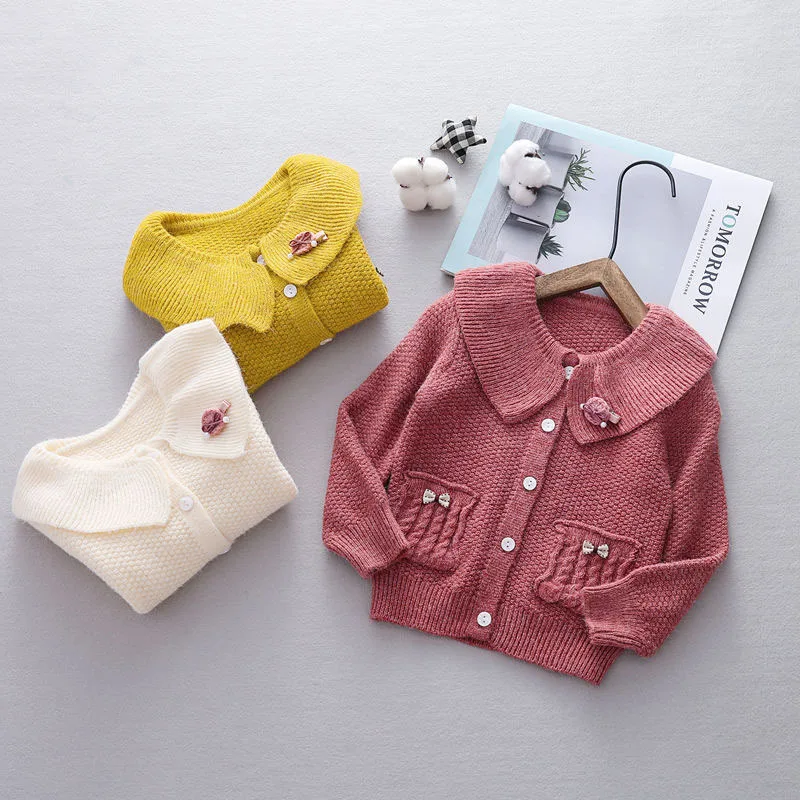 

2019 Autumn Infant Girls Long Sleeve Lapel Collar Pockets Knitwear Baby Sweaters Princess Kids Cardigans Outerwear Sweatercoat