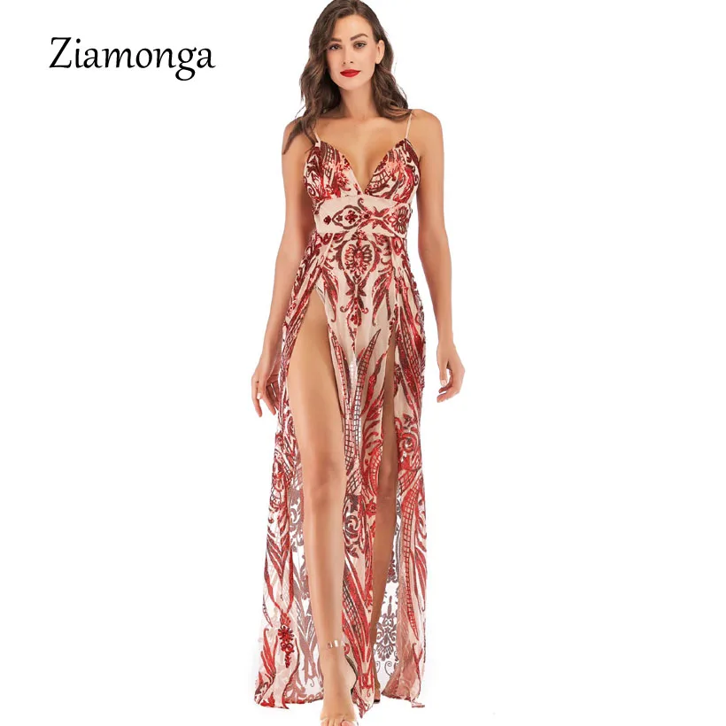Ziamonga блесток макси платье Для женщин секс высокой Разделение Вечерни