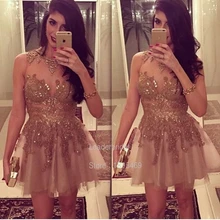 Neue A-Line Vestidos De Festa Champagne Tulle Applique Perlen Kristall Pailletten Cocktailkleider Mi-Ni Party Kleider CX034
